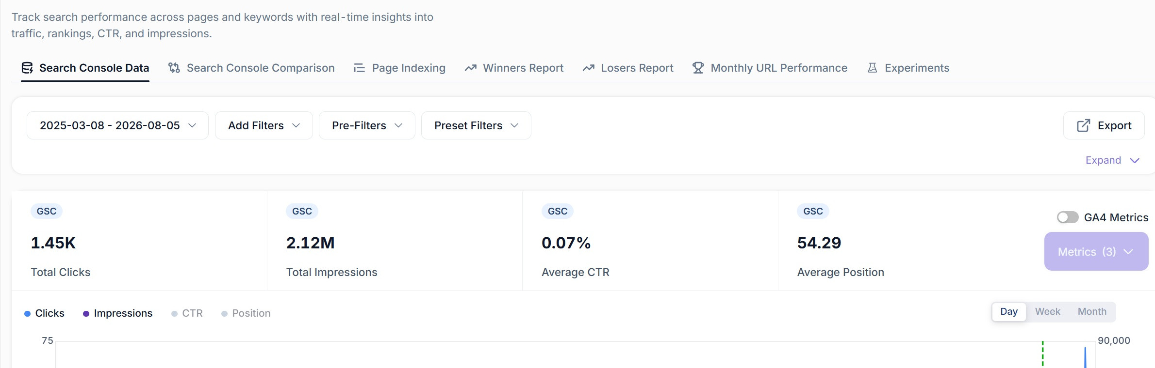 The Search Console Data interface in SEO Stack, with the clicks and impressions chart above the full query table