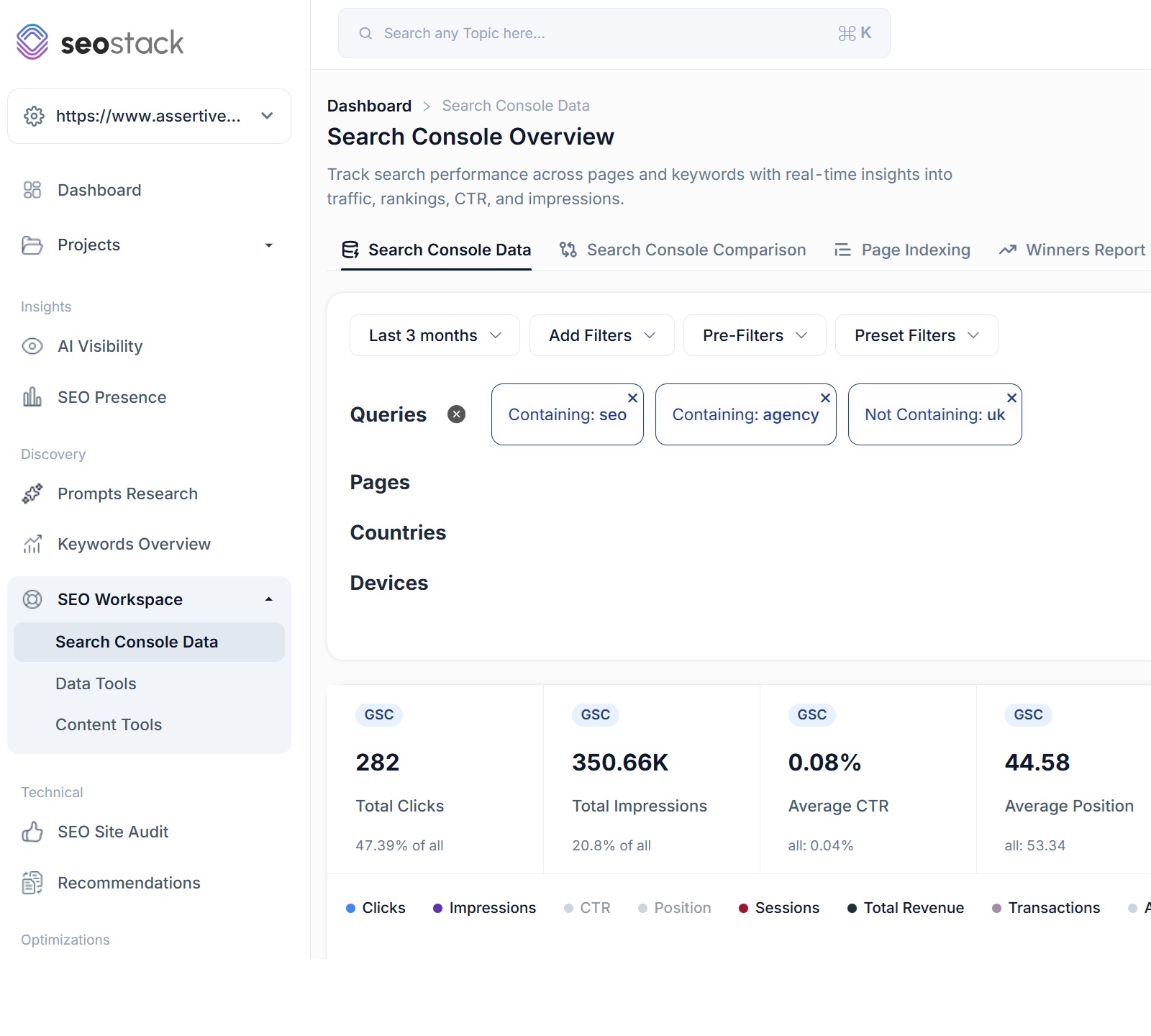 SEO Stack filter builder with three query filters layered: containing seo, containing agency, and not containing uk